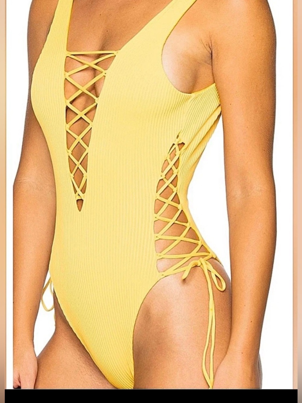 Luli Fama Costa Del Sol Open Side Lace Up One Piece Swimsuit Ribbed Yellow Sz S.